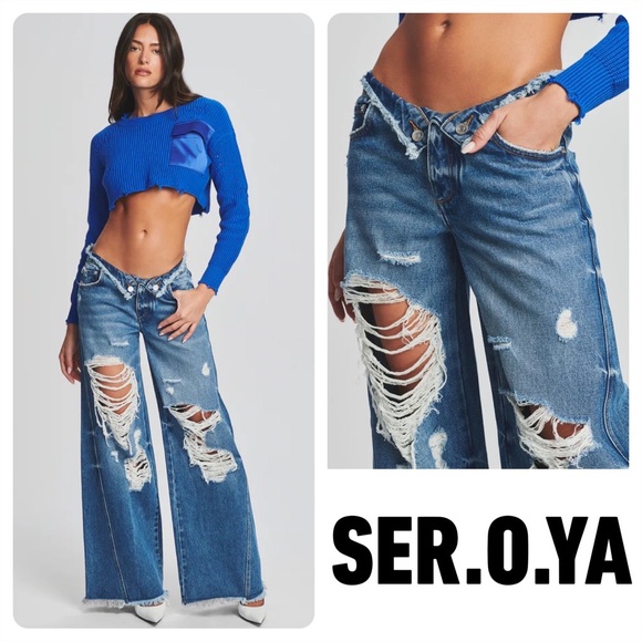 New! SER.O.YA “Ollie” Fold Over Wide Leg Distressed Jeans in Bayside Blue - Picture 1 of 13